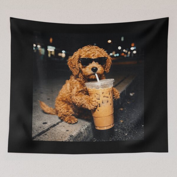 Item preview, Cute Cavapoo Puppy Wearing Sunglasses Drinking Iced Coffee On City Street designed and sold by Phil Ben.