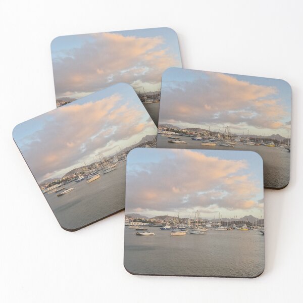 Item preview, Sunset Over Mindelo Pier – Boats and Mountains designed and sold by Felinephrame.
