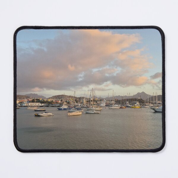 Item preview, Sunset Over Mindelo Pier – Boats and Mountains designed and sold by Felinephrame.
