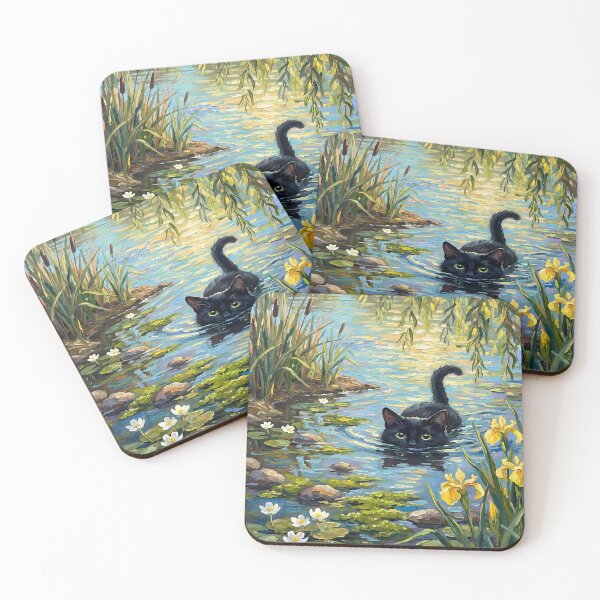 Item preview, Black Cat Swimming in Pond Painting designed and sold by JOSEMONTANO21.
