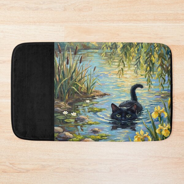 Item preview, Black Cat Swimming in Pond Painting designed and sold by JOSEMONTANO21.