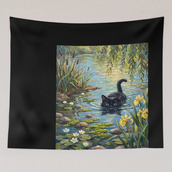 Item preview, Black Cat Swimming in Pond Painting designed and sold by JOSEMONTANO21.