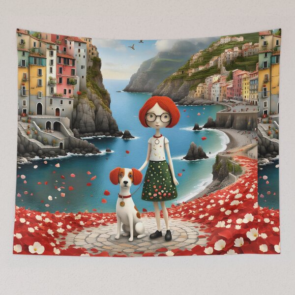 Item preview, Doll with dog in Cinqueterre harbour in Italy with spaniel cocker spaniel   designed and sold by Coolparrotgirl.