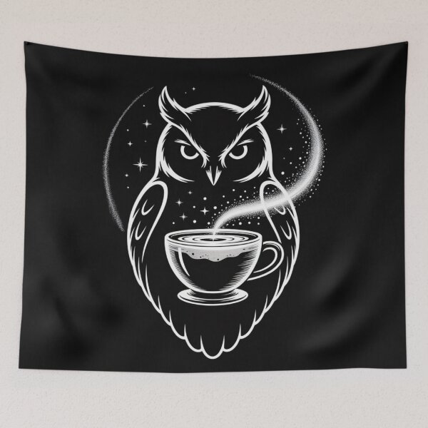Item preview, an elegant owl silhouetted against a detailed, smoky v60 coffee designed and sold by 123ks.