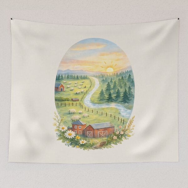 Item preview, Golden Sunrise Farm – Watercolor Countryside Illustration designed and sold by blankTeeShirt.