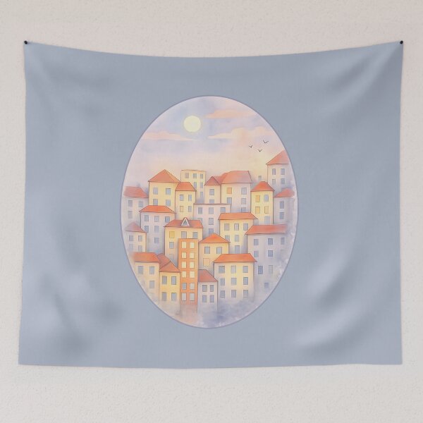 Item preview, Pastel Sunset Cityscape in Oval Frame designed and sold by blankTeeShirt.