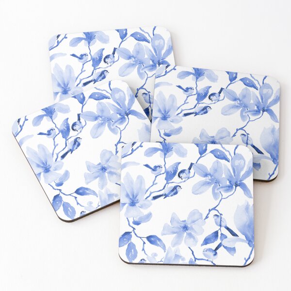 Item preview, Magnolia and Long Tailed Tit watercolour floral blue designed and sold by RSHarts.