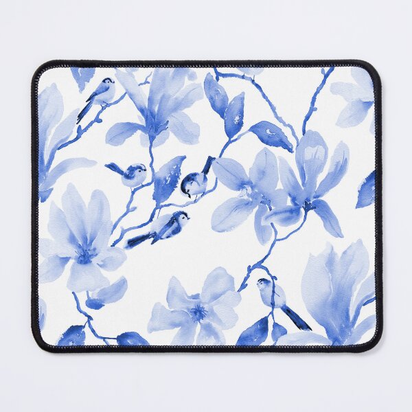 Item preview, Magnolia and Long Tailed Tit watercolour floral blue designed and sold by RSHarts.