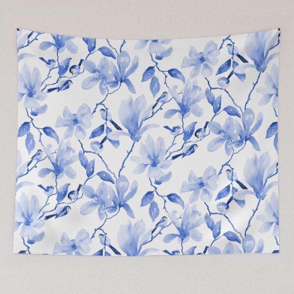 Item preview, Magnolia and Long Tailed Tit watercolour floral blue designed and sold by RSHarts.