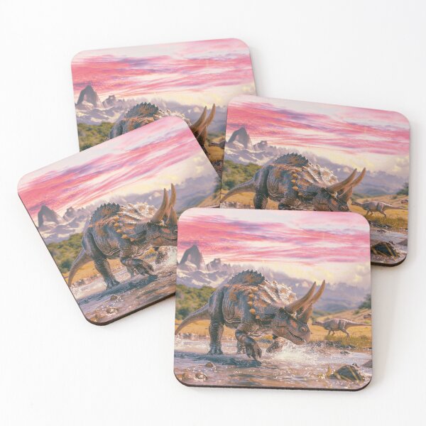 Item preview, Triceratops on the riverbank in a majestic mountain landscape designed and sold by Mauswohn.