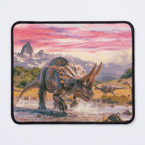 Item preview, Triceratops on the riverbank in a majestic mountain landscape designed and sold by Mauswohn.