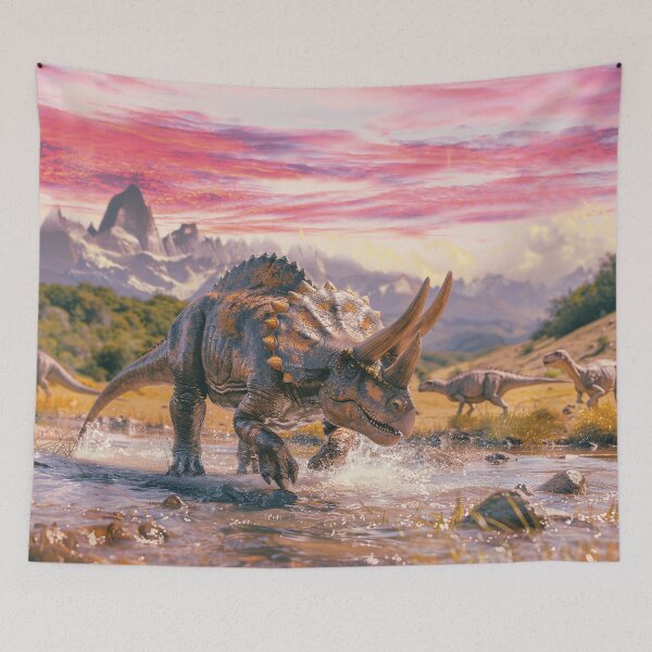 Item preview, Triceratops on the riverbank in a majestic mountain landscape designed and sold by Mauswohn.