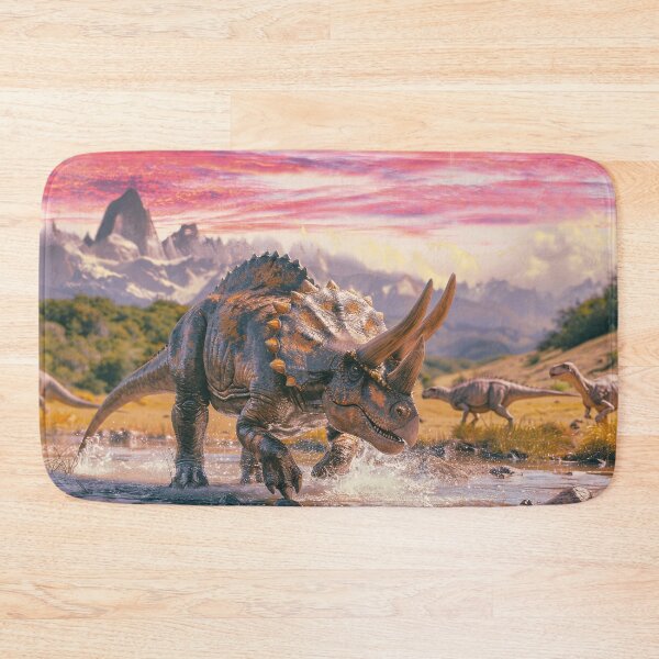 Item preview, Triceratops on the riverbank in a majestic mountain landscape designed and sold by Mauswohn.