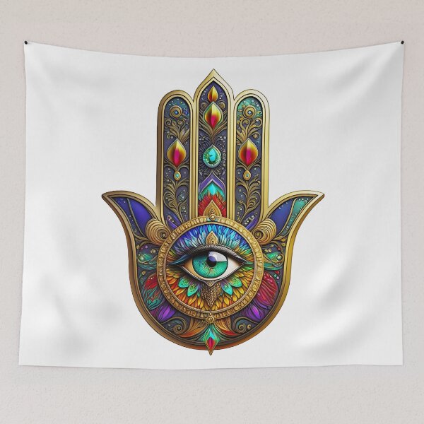 Item preview, Burnished Gold Brown Colorful Hamsa Turquoise Third Eye designed and sold by Lee Hiller Designs.