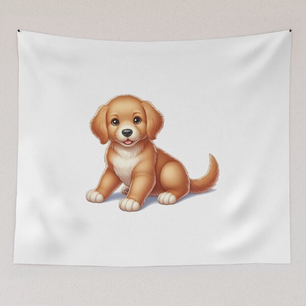 Item preview, Adorable golden puppy with soft fur, sitting happily, showcasing big, expressive eyes. designed and sold by cave-canvas.