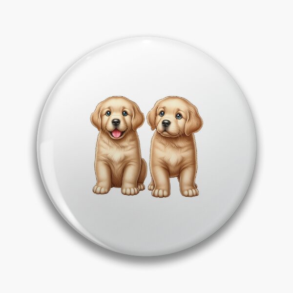 Item preview, Two adorable golden retriever puppies sitting side by side with bright blue eyes and soft fur. designed and sold by cave-canvas.