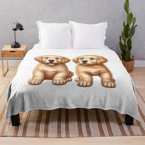 Item preview, Two adorable golden retriever puppies sitting side by side with bright blue eyes and soft fur. designed and sold by cave-canvas.