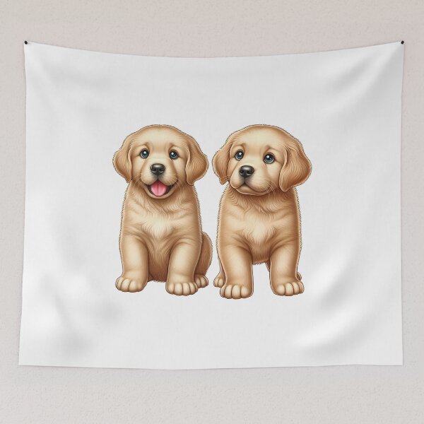 Item preview, Two adorable golden retriever puppies sitting side by side with bright blue eyes and soft fur. designed and sold by cave-canvas.