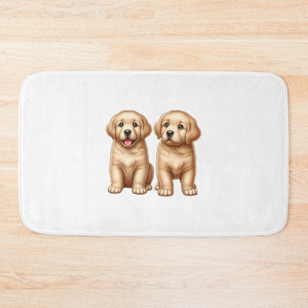 Item preview, Two adorable golden retriever puppies sitting side by side with bright blue eyes and soft fur. designed and sold by cave-canvas.