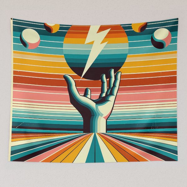 Item preview, Retro Lightning Bolt Over Hand and Striped Sun designed and sold by InkSmithery.