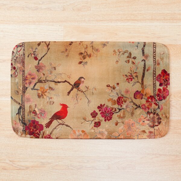 Item preview, Red Terracotta Silk Floral Wild Flowers Birdy Carpet designed and sold by GrinGalore.