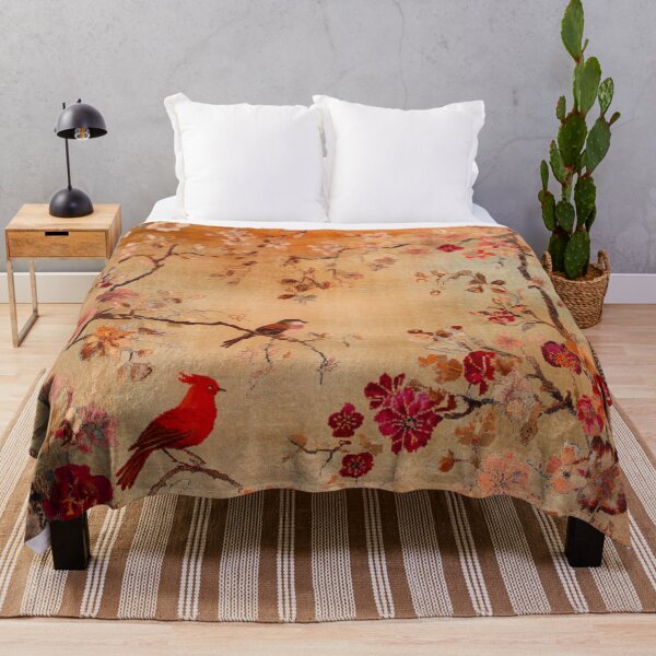 Item preview, Red Terracotta Silk Floral Wild Flowers Birdy Carpet designed and sold by GrinGalore.