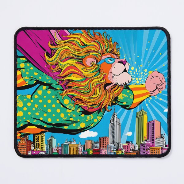 Item preview, Colorful Superhero Lion Flying Over a Cityscape designed and sold by Artessie.