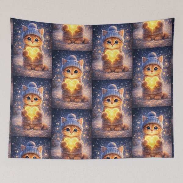 Item preview, Cozy Orange Kitten Holding a Glowing Heart in the Snow designed and sold by Dreamy Armine Art.