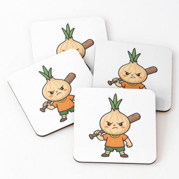 Item preview, Cute Angry Onion Boy, onion head with green sprout hair, holding wooden bat on shoulder, orange tunic, minimal flat vector style, white background, bold outline, centered design for t-shirt designed and sold by : CraftyVibes.