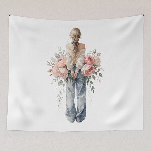 Item preview, Watercolor Fashion Girl with Peonies – Cozy Sweater & Jeans Floral Illustration, Gift for Her designed and sold by VivoStudio.