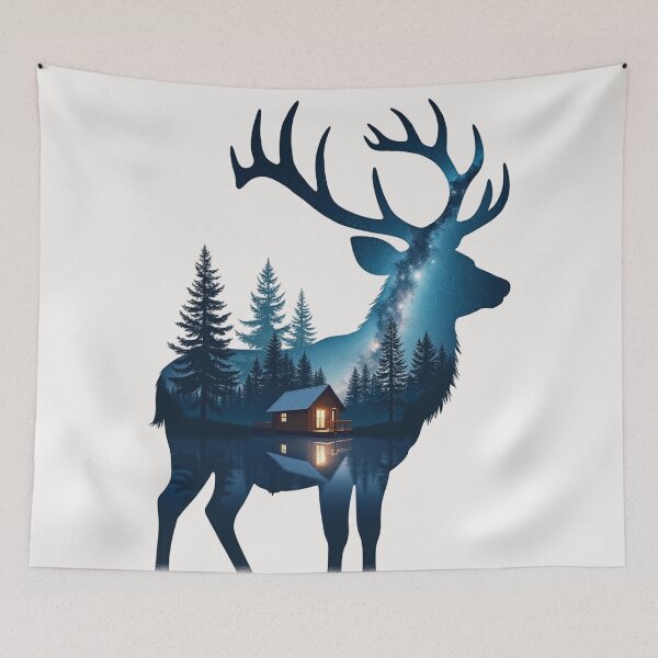 Artikelvorschau, Waldhirsch-Mitternachtshütten-Silhouette-Kunst entworfen und verkauft von The Design Asset Station.