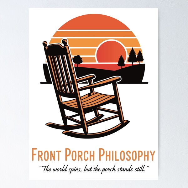 Aperçu de l'œuvre Philosophie du fauteuil à bascule rétro au coucher du soleil sur le porche créée et vendue par Snout & Shout..