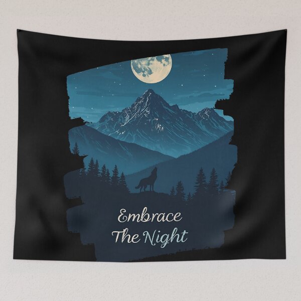 Item preview, Mountain landscape at night, full moon and a single wolf howling Embrace the Night 4 designed and sold by Neon G.