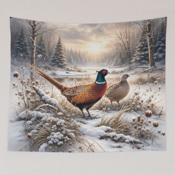 Item preview, Pheasants in a Snowy Forest - Art Print designed and sold by TammyHunterArt.