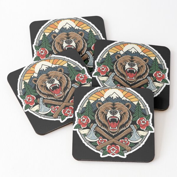 Item preview, Traditional Grizzly Bear Tattoo Mountain Axes Wilderness Wall Art designed and sold by TshirtAlles .