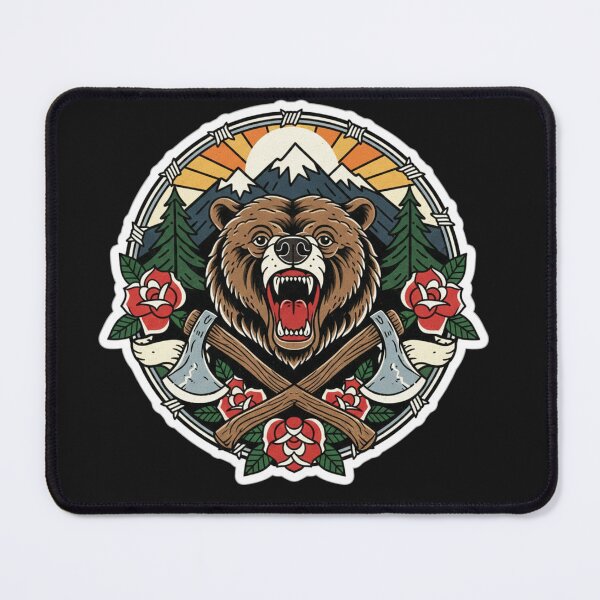 Item preview, Traditional Grizzly Bear Tattoo Mountain Axes Wilderness Wall Art designed and sold by TshirtAlles .