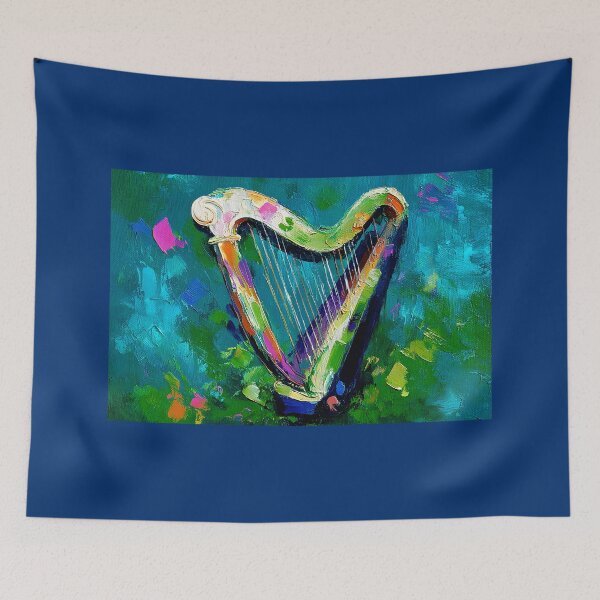Item preview, St Patrick's Day Colorful Harp with Bold Brushstrokes and Dynamic Blue Green Pink Background designed and sold by OlfactoART Studio.