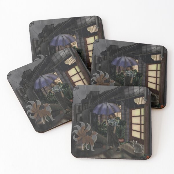 Item preview, Mystical Encounter in the Rain: Kitsune and Japanese Street designed and sold by Nekogobido.
