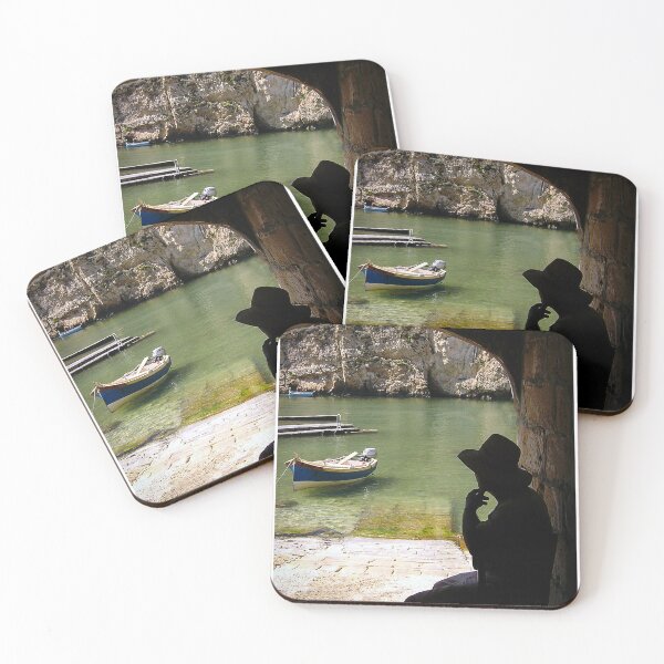 Item preview, Silhouette Of A Man In Hat Watching A Small Boat In A Quiet Coastal Harbor Under An Arch designed and sold by Nmallia.