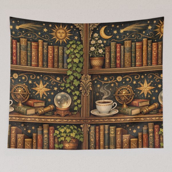 Item preview, Retro book lover steaming coffee celestial stars sun moon astronomy  designed and sold by hollycooper.