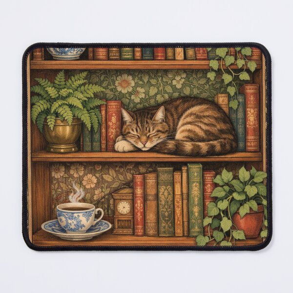 Item preview, Retro books shelf with cute cat, coffee and plants designed and sold by hollycooper.