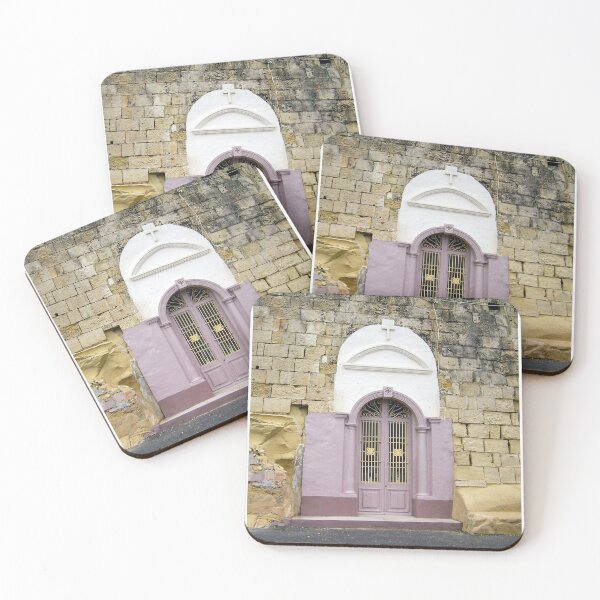 Item preview, Pastel Pink Church Door With Arched Stone Wall And Cross Above Decorative Metal Grille designed and sold by Nmallia.