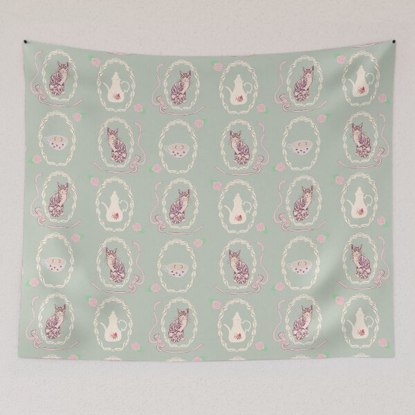 Item preview, Vintage Cat & Tea Illustration – Cottagecore Victorian Aesthetic designed and sold by akneeland603.