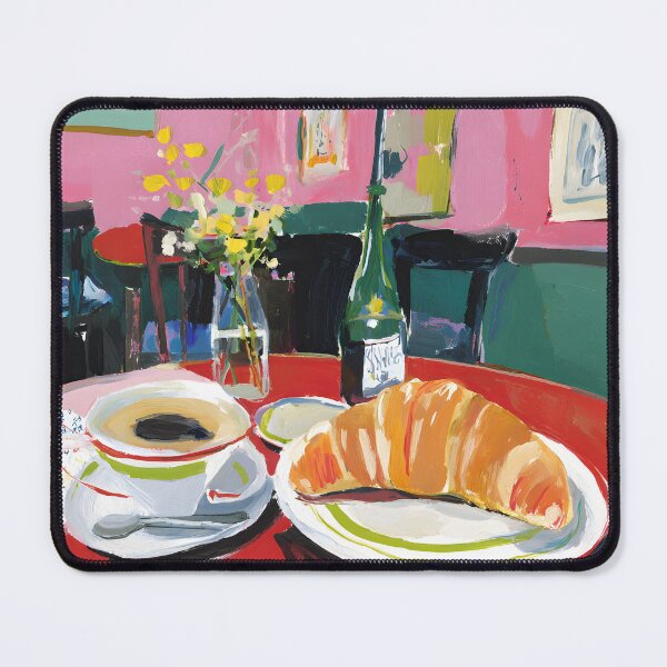 Item preview, Parisian Cafe Morning with Croissant and Coffee on Red Table, Vibrant Floral Atmosphere designed and sold by OlfactoART Studio.