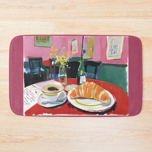 Item preview, Parisian Cafe Morning with Croissant and Coffee on Red Table, Vibrant Floral Atmosphere designed and sold by OlfactoART Studio.