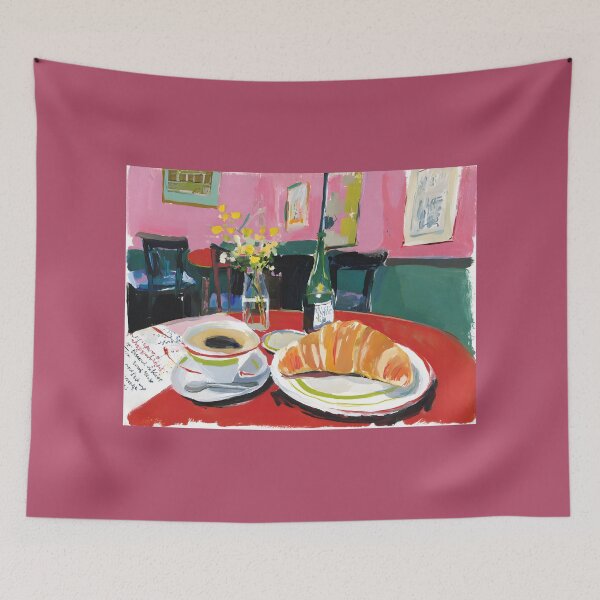 Item preview, Parisian Cafe Morning with Croissant and Coffee on Red Table, Vibrant Floral Atmosphere designed and sold by OlfactoART Studio.