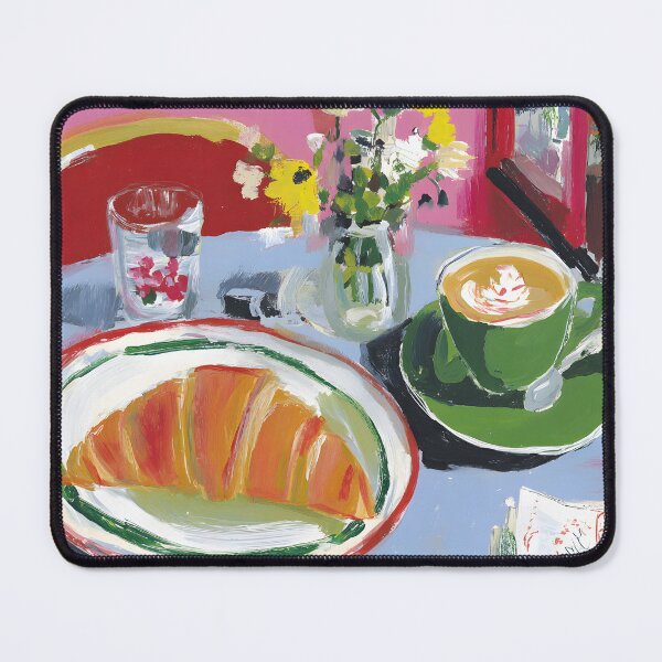 Item preview, Vibrant Cafe Breakfast Scene with Croissant, Steaming Coffee and Fresh Flowers designed and sold by OlfactoART Studio.