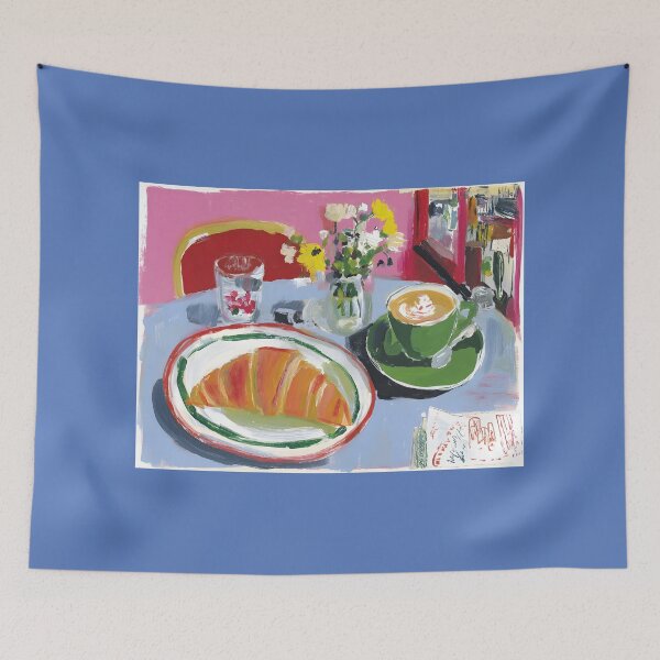 Item preview, Vibrant Cafe Breakfast Scene with Croissant, Steaming Coffee and Fresh Flowers designed and sold by OlfactoART Studio.