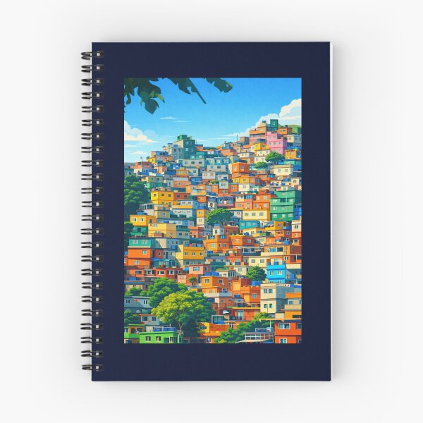 Item preview, Modern flat illustration of Brazilian favelas with colorful houses climbing a hillside designed and sold by Powery Shop.