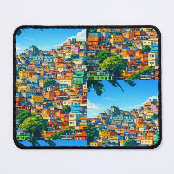 Item preview, Modern flat illustration of Brazilian favelas with colorful houses climbing a hillside designed and sold by Powery Shop.
